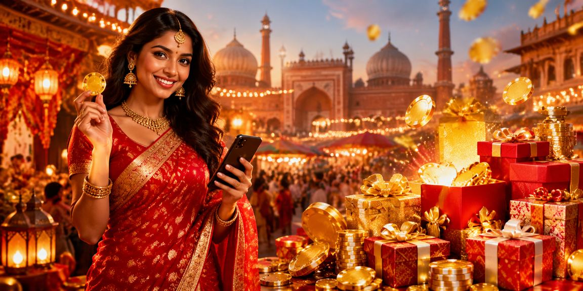 Indian woman playing Rummy card game online in traditional saree